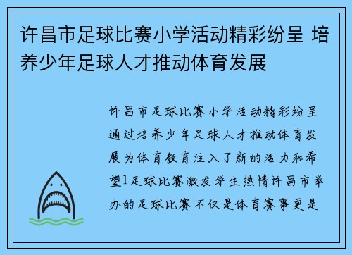 许昌市足球比赛小学活动精彩纷呈 培养少年足球人才推动体育发展