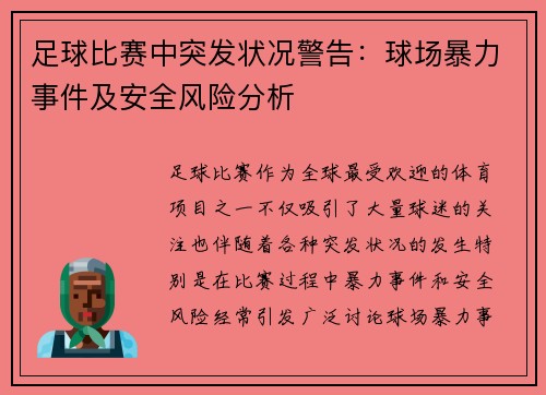 足球比赛中突发状况警告：球场暴力事件及安全风险分析