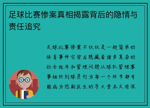 足球比赛惨案真相揭露背后的隐情与责任追究