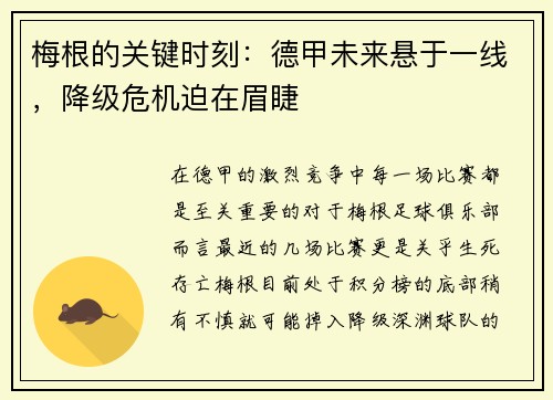 梅根的关键时刻：德甲未来悬于一线，降级危机迫在眉睫