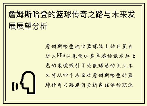 詹姆斯哈登的篮球传奇之路与未来发展展望分析