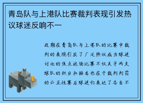 青岛队与上港队比赛裁判表现引发热议球迷反响不一