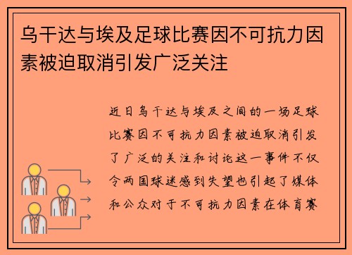 乌干达与埃及足球比赛因不可抗力因素被迫取消引发广泛关注