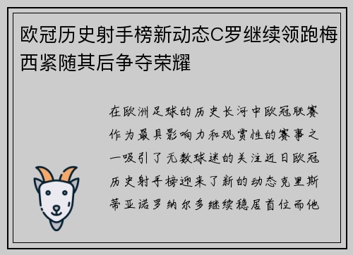 欧冠历史射手榜新动态C罗继续领跑梅西紧随其后争夺荣耀