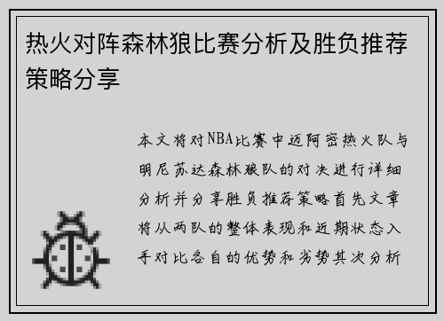 热火对阵森林狼比赛分析及胜负推荐策略分享
