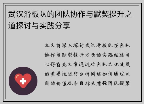 武汉滑板队的团队协作与默契提升之道探讨与实践分享